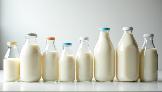 A row of eight glass milk bottles of varying sizes and shapes, filled with milk, each topped with a different colored cap. This image celebrates "World Milk Day" and the diversity of milk packaging - Powered by Adobe