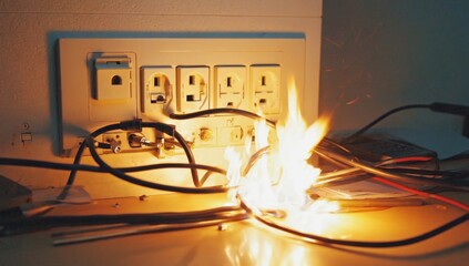Electrical safety hazard in office environment sparks fire from overloaded wall outlet with tangled cables