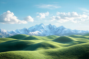 Fototapeta premium Lush green hills meet snowy mountain peaks under a bright sky.