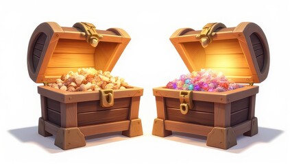 Two Wooden Treasure Chests Filled with Gold and Gems