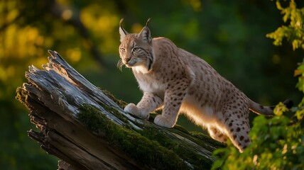 Lynx Perched on Tree Trunk with Sharp Gaze, Surrounded by Dense Greenery for a Realistic and Intense Jungle Predator Scene