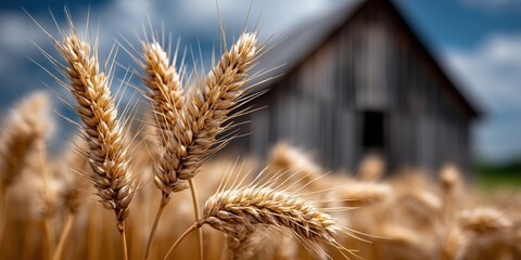 Golden wheat stalks stand tall in a rustic barn's shadow, their ripe grains promising a bountiful harvest in the sun-drenched field.