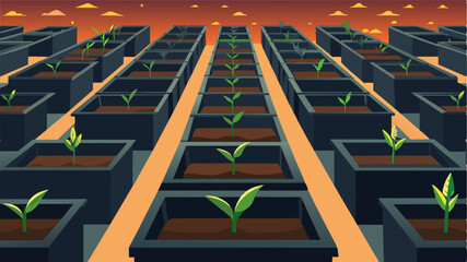 Fototapeta premium The absence of life in the rows of empty seedling trays was a haunting reminder of the dire consequences of a failed planting season foreshadowing a difficult year ahead.. Vector illustration