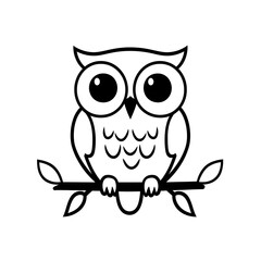a black and white cartoon owl icon sitting on a branch bold line art symmetrical flat design minimal style white background vector clipart style