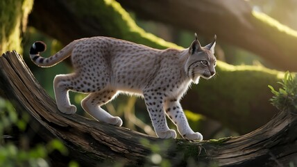 Lynx Perched on Tree Trunk with Sharp Gaze, Surrounded by Dense Greenery for a Realistic and Intense Jungle Predator Scene