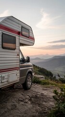 Vintage RV parked on a mountain overlook during sunset with expansive views of valleys and distant hills