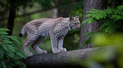 Lynx Perched on Tree Trunk with Sharp Gaze, Surrounded by Dense Greenery for a Realistic and Intense Jungle Predator Scene