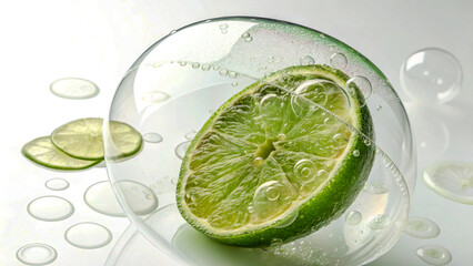 Green Lemon Inside a Semi-Transparent Bubble with a Glowing Core