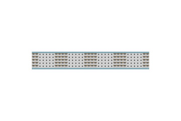 Long five-storey Soviet prefabricated panel apartment building is isolated.
