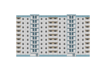 Side view of nine-storey Soviet prefabricated panel apartment building is isolated.