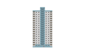 Sixteen-storey white and blue apartment building with balconies and tiled facade is isolated.