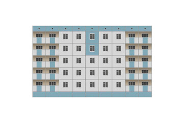Five-storey tiled apartment building with balconies is isolated.