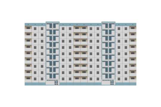 Side view of nine-storey Soviet prefabricated panel apartment building is isolated.
