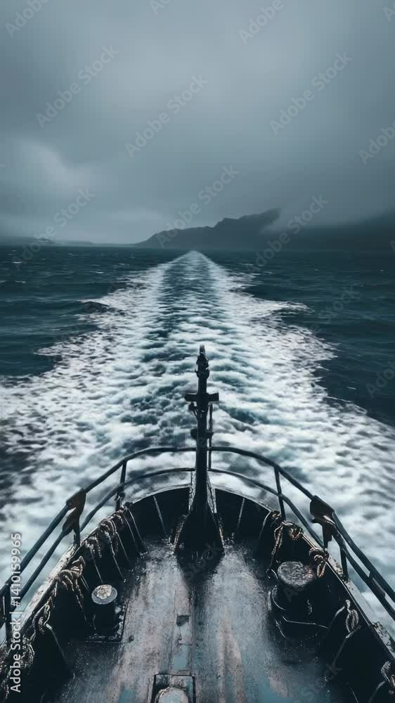 Poster a small boat gliding across the ocean's surface on a cloudy day.
