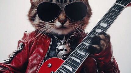 Cool Cat Rocker: A Feline Guitarist in Sunglasses and Red Leather Jacket