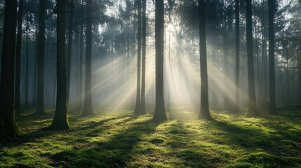 Sunbeams shining through tall trees in a lush green forest environment