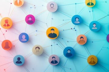 Colorful connected profile icons, networking concept, light blue background, possible use social media
