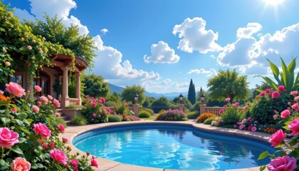 Enchanted Garden Oasis: Illustrate a serene garden with a shimmering pool surrounded by vibrant roses and lush greenery under a bright blue sky with fluffy clouds.