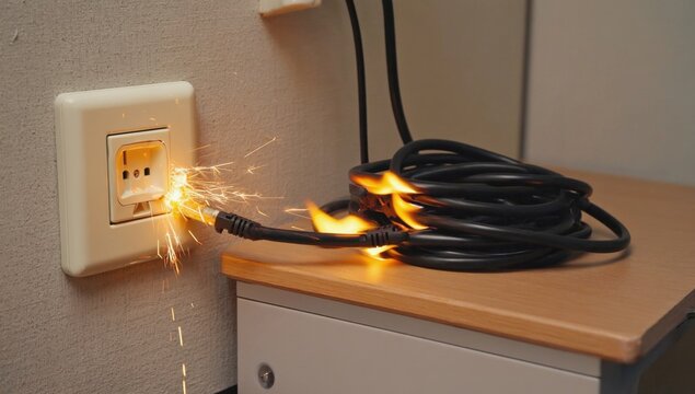 Office safety hazard concept highlighting electrical fire spark and cable overload risks