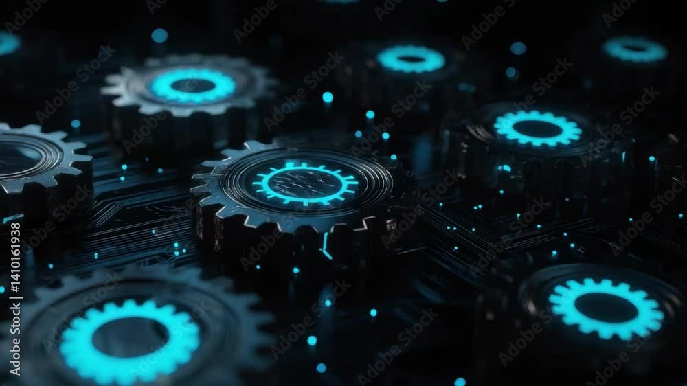 Poster futuristic technology background with interconnected gears and glowing circuit patterns in a digital