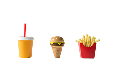Miniature fast food delight featuring colorful creations of a hamburger, fries, and a refreshing drink in a minimalist style