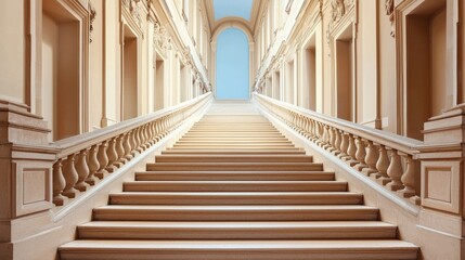 Fototapeta premium A majestic staircase leads upward through an elegant corridor, illuminated by natural light, creating a sense of grandeur and serenity.