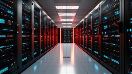 A high-tech server room filled with racks of servers, illuminated by vibrant red and blue lights, showcasing a modern data center environment.