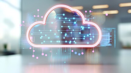 A glowing cloud icon with digital circuitry, symbolizing cloud computing and technology in a modern workspace.