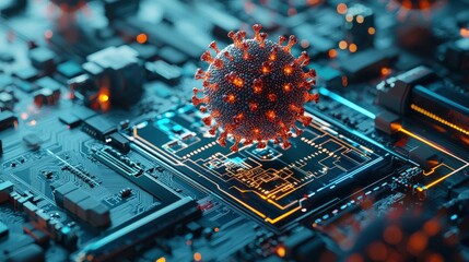 A digital rendering of a virus model displayed over intricate circuit board components, highlighting the intersection of technology and biology.