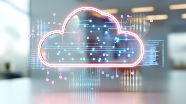 A glowing cloud icon with digital circuitry, symbolizing cloud computing and technology in a modern workspace.