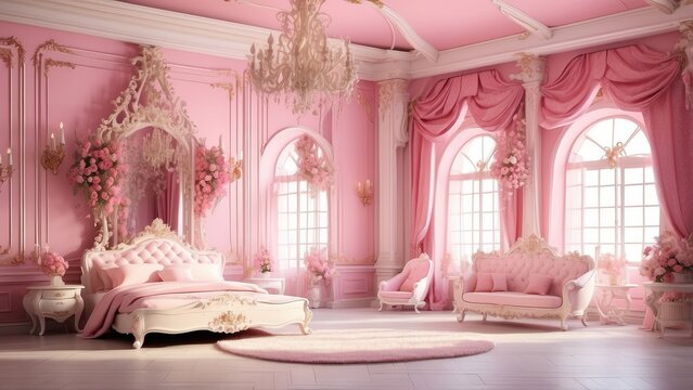 araffe bedroom with pink bed and pink curtains and a chandelier, royal interior, beautiful render of a fairytale
