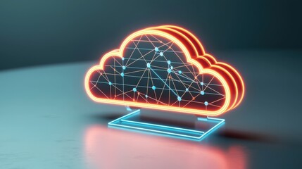 A glowing cloud icon with interconnected nodes, symbolizing digital technology and cloud computing, set against a dark background.