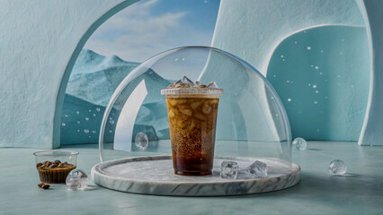Iced Beverage Inside a Floating Transparent Dome in an Abstract Space Scene