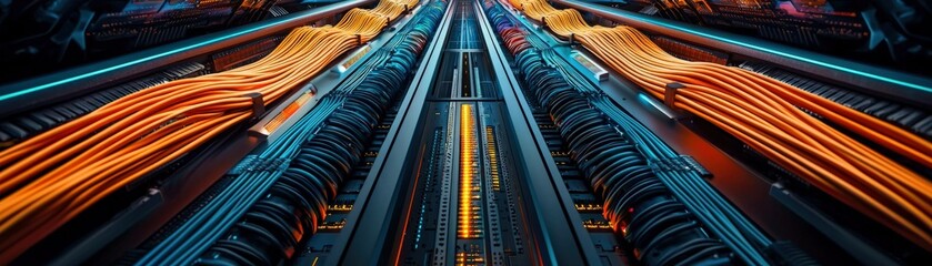 A vibrant network of cables illuminates a structured pathway, showcasing technology's intricate design and connectivity.