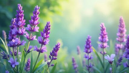 Obraz premium A field of delicate purple wildflowers bathed in soft sunlight, showcasing their vibrant blooms and slender stems in a serene natural setting