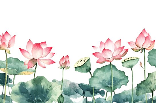 Hand drawn watercolor lotus floral border vector illustration on white background