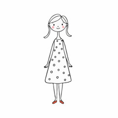 Fototapeta premium Girl childlike standing in polka dot dress and red shoes against white background