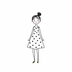 Girl simple standing smiling with hair bun in polka dot dress against white background