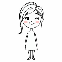 Girl Winking Playful Childlike Line Drawing Rosy Cheeks Simple Dress White Background