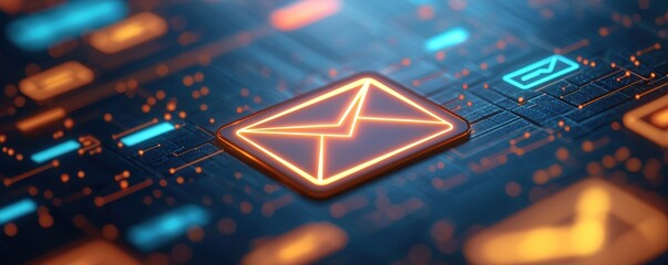 A digital illustration featuring a glowing envelope icon, symbolizing email communication amidst a backdrop of interconnected technology.