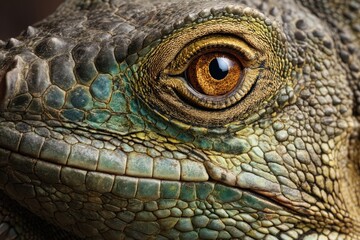 Fototapeta premium Close-up view of an iguana's eye showcasing intricate details and vibrant colors in natural light