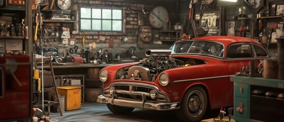 Fototapeta premium Classic red car in a vintage garage workshop scene