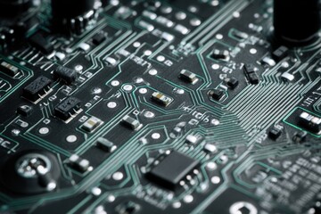 Close-up view of a detailed circuit board showcasing electronic components and intricate pathways in a modern tech setting