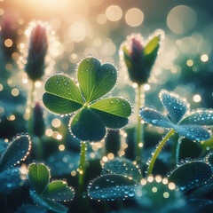 Dew-kissed clover in sunlit green meadow with soft bokeh background.