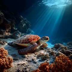 A graceful sea turtle swims above a vibrant and colorful coral reef in clear blue waters.