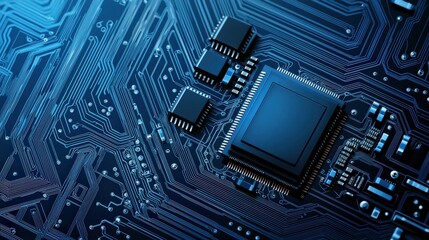 A close-up view of a circuit board featuring intricate patterns and components, showcasing advanced technology and electronic design.