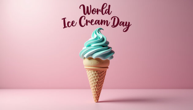 A soft serve ice cream cone with blue and white swirls sits against a vibrant pink background. The text "World Ice Cream Day" celebrates the joy and indulgence of this frozen treat