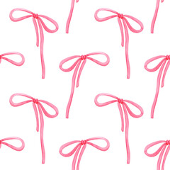 Cute pink bow. Seamless pattern hand drawn watercolor. Ribbon tied in a knot. Knotted rope. Decoration, decor. Illustration background for fabric and packaging.