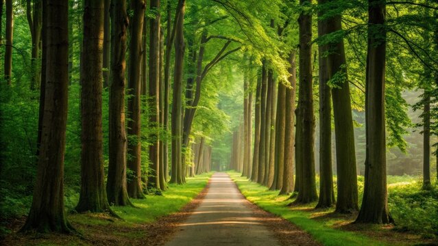 Forest path with tall green trees and sunlight