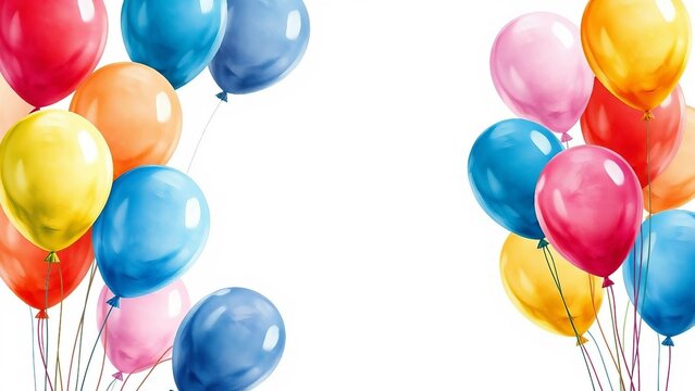 Fr&ouml;hliches Aquarellbild mit bunten Luftballons auf wei&szlig;em Hintergrund &ndash; perfekt f&uuml;r Einladungen, Kindergeburtstage oder Dekoration.